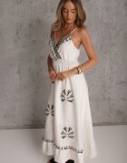 j&x Rochie Boho cu adaos de in cu croială evazată cu franjuri și volan Ocaline Albă