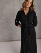 j&x Rochie Cămașă Neagră din Bumbac cu Cordon Legat și Mâneci Rulate Cesela