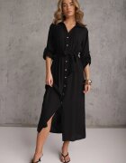 j&x Rochie Cămașă Neagră din Bumbac cu Cordon Legat și Mâneci Rulate Cesela