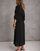j&x Rochie Cămașă Neagră din Bumbac cu Cordon Legat și Mâneci Rulate Cesela