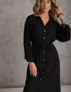 j&x Rochie Cămașă Neagră din Bumbac cu Cordon Legat și Mâneci Rulate Cesela