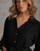 j&x Rochie Cămașă Neagră din Bumbac cu Cordon Legat și Mâneci Rulate Cesela