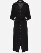 j&x Rochie Cămașă Neagră din Bumbac cu Cordon Legat și Mâneci Rulate Cesela