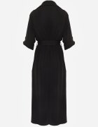 j&x Rochie Cămașă Neagră din Bumbac cu Cordon Legat și Mâneci Rulate Cesela