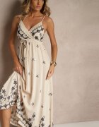 j&x Rochie din vâscoză bej deschis cu decolteu tip plic și broderii Sarondra