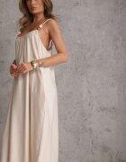 j&x Rochie din vâscoză Boho croi drept pe bretele cu mărgele Aleino Bej