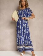 j&x Rochie din Viscoză Albastră cu Croi Drept cu Imprimeu Etnic Miriliana