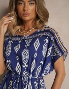 j&x Rochie din Viscoză Albastră cu Croi Drept cu Imprimeu Etnic Miriliana