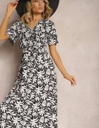 j&x Rochie din Viscoză Negru-Albă cu Decolteu Petrecut cu Elastic în Talie și Decolteu Gilemia din material