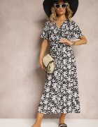 j&x Rochie din Viscoză Negru-Albă cu Decolteu Petrecut cu Elastic în Talie și Decolteu Gilemia din material