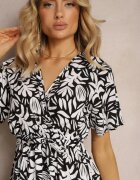 j&x Rochie din Viscoză Negru-Albă cu Decolteu Petrecut cu Elastic în Talie și Decolteu Gilemia din material