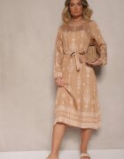 j&x Rochie dreaptă Bej Boho cu Imprimeuri Etnice cu Curea Lisalenea
