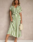 j&x Rochie dreaptă Verde din Viscoză cu imprimeu în dungi și legătură Lumierae