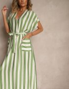 j&x Rochie dreaptă Verde din Viscoză cu imprimeu în dungi și legătură Lumierae