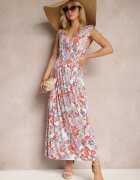 j&x Rochie Florală Alb-roz cu elastic în talie și decolteu în V Vialessia