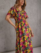j&x Rochie Galben-Fuchsia Evazată Maxi cu Elastic în Talie din Viscoză Femia