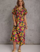 j&x Rochie Galben-Fuchsia Evazată Maxi cu Elastic în Talie din Viscoză Femia