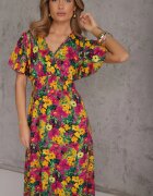 j&x Rochie Galben-Fuchsia Evazată Maxi cu Elastic în Talie din Viscoză Femia