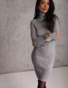 j&x Rochie Gri Mulată cu Guler înalt și din Tricot Striaț Mariase