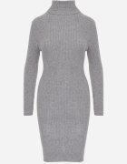 j&x Rochie Gri Mulată cu Guler înalt și din Tricot Striaț Mariase