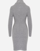 j&x Rochie Gri Mulată cu Guler înalt și din Tricot Striaț Mariase