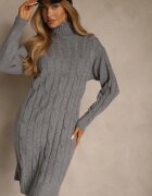 j&x Rochie gri tricotată cu guler înalt cu lână bumbac și săsătură decorativă Reilenea