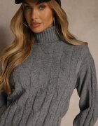 j&x Rochie gri tricotată cu guler înalt cu lână bumbac și săsătură decorativă Reilenea