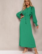 j&x Rochie Maxi Verde Cloș cu Volane și Cordon la Decolteu Pallam