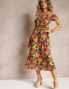 j&x Rochie Midi Fucsia-Galbenă din Viscoză cu Imprimeu Floral și Decolteu Spaniol Ambersen