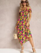 j&x Rochie Midi Fucsia-Galbenă din Viscoză cu Imprimeu Floral și Decolteu Spaniol Ambersen