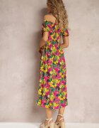 j&x Rochie Midi Fucsia-Galbenă din Viscoză cu Imprimeu Floral și Decolteu Spaniol Ambersen