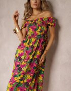 j&x Rochie Midi Fucsia-Galbenă din Viscoză cu Imprimeu Floral și Decolteu Spaniol Ambersen
