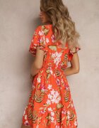 j&x Rochie Mini Portocalie din Vascoză cu Elastic în Talie și Decolteu Petrecut cu Imprimeu Floral Eleagnecca