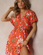 j&x Rochie Mini Portocalie din Vascoză cu Elastic în Talie și Decolteu Petrecut cu Imprimeu Floral Eleagnecca