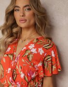 j&x Rochie Mini Portocalie din Vascoză cu Elastic în Talie și Decolteu Petrecut cu Imprimeu Floral Eleagnecca