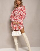 j&x Rochie Mini Roșu-Alb cu Croială Cămășuită Evazată cu Imprimeu Floral Enda