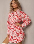 j&x Rochie Mini Roșu-Alb cu Croială Cămășuită Evazată cu Imprimeu Floral Enda
