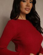 j&x Rochie Mulată Tricotată Bordo cu bumbac Reileta