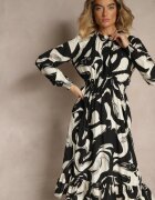 j&x Rochie Neagră cu Bumbac și Model Abstract Tersedi