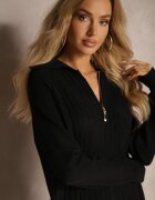j&x Rochie Neagră cu Lână și Bumbac Ornată cu Fermoar și Guler Leralina