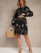 j&x Rochie neagră de bumbac decorată cu broderie de palmier Sarlio