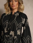 j&x Rochie neagră de bumbac decorată cu broderie de palmier Sarlio