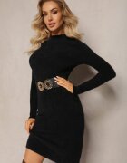 j&x Rochie Neagră de Lână Midi Reiată cu Guler Semi-înalt Sebhatta