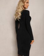 j&x Rochie Neagră de Lână Midi Reiată cu Guler Semi-înalt Sebhatta