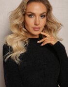 j&x Rochie Neagră de Lână Midi Reiată cu Guler Semi-înalt Sebhatta