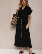 j&x Rochie neagră din vâscoză și in cu croială tip cămașă cu curea Efralissea