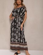 j&x Rochie neagră din viscoză croi tip cutie cu imprimeu etnic Miriliana