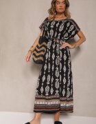j&x Rochie neagră din viscoză croi tip cutie cu imprimeu etnic Miriliana