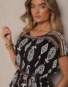 j&x Rochie neagră din viscoză croi tip cutie cu imprimeu etnic Miriliana