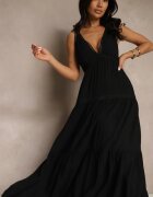 j&x Rochie Neagră din Viscoză Decorată cu Motiv Croșetat Mevelta